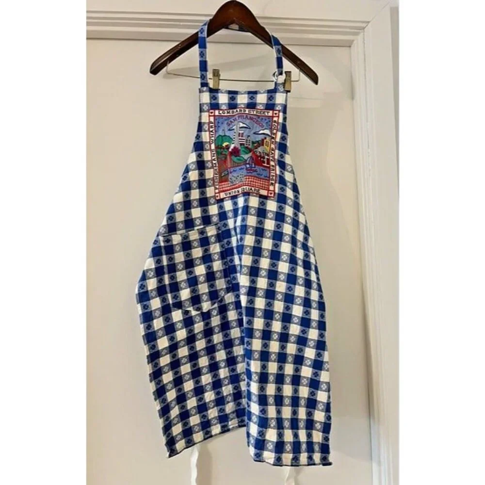 Rare Vtg‎ San Francisco Landmarks Sites Embroidered Checkered Blue White Apron